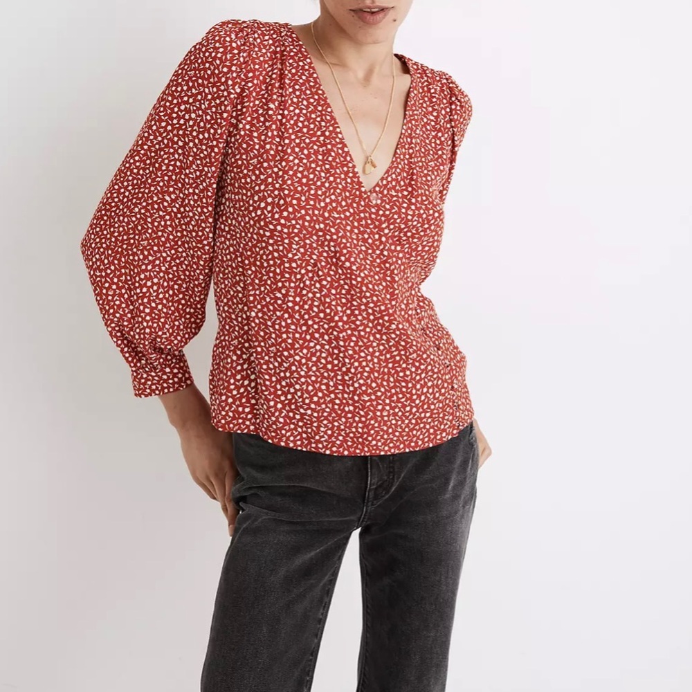 Madewell Kinston Side Button Wrap Top in Park Picnic Red White NB554